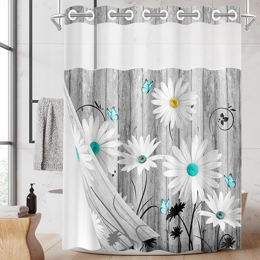 No Hook Flower Daisy Shower Curtain with Snap in Fabric Liner Set, Gray Wooden Boards Double Layers Waterproof Fabric with See Through Top Window Open Grommet Bath Curtain 71x86 Inch