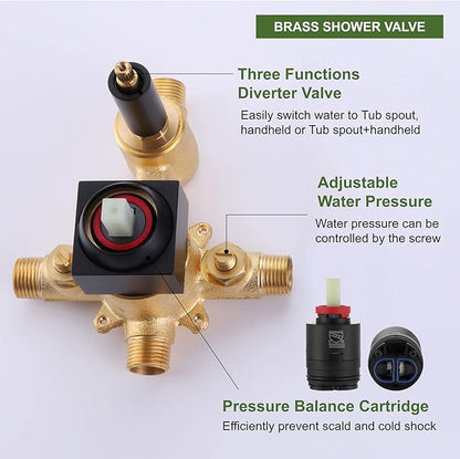 Taplong Wall Mount Tub Faucet with Waterfall Tub Spout Wall Mounted Tub Filler with Handheld Sprayer Black Bathtub Faucet Solid Brass Single Handle Shower Faucet Set with High Flow Rough in Valve