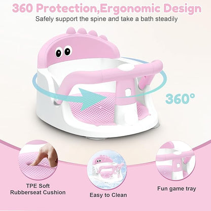 Baby Bath Seat for Babies 6 Months & Up Sitting Up, Non-Slip Baby Bath Chair with Suction Cup, Safe and Comfortable Portable Infant Bath Seat for Bathroom, Bathtub Tub, Easy to Clean (Pink)