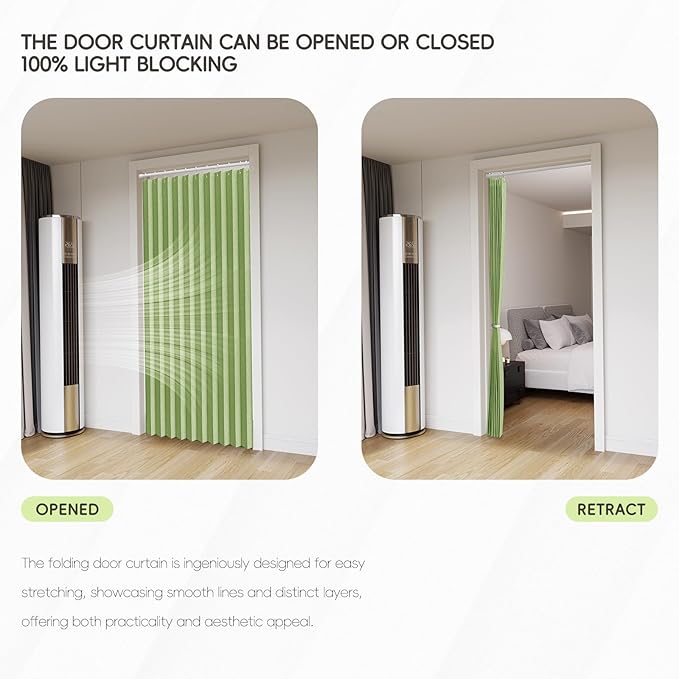 Accordian Door Curtain, 100% Blackout Folding Magnetic Doorway Curtains,Linen Style Closet Doors,for Room Divider,Privacy Protection（W52 x L78,Green,1 Panel）