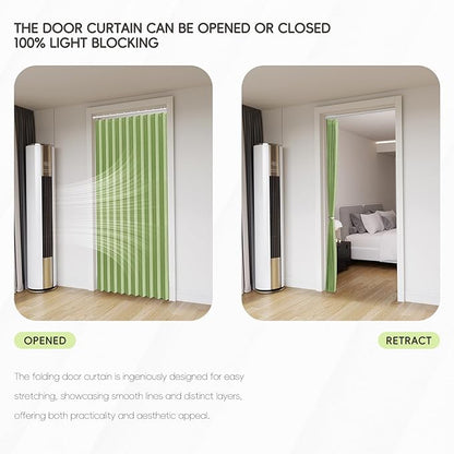 Accordian Door Curtain, 100% Blackout Folding Magnetic Doorway Curtains,Linen Style Closet Doors,for Room Divider,Privacy Protection（W52 x L78,Green,1 Panel）