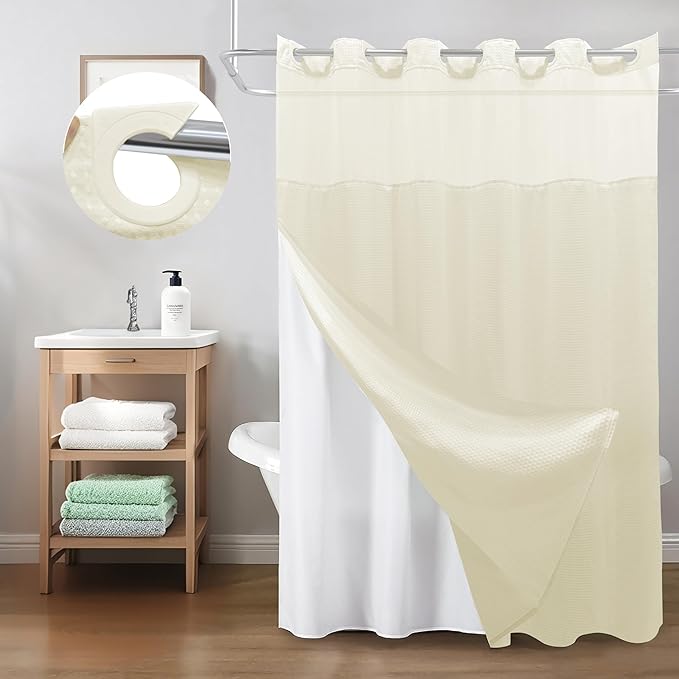 Inhousolu Extra Long No Hook Shower Curtain with Snap in Fabric Liner Set Waffle Weave 230GSM Weighted Hem, Waterproof & Washable Bathroom Curtain Spa Luxury with Mesh Top Window 72" W x 84" L Ivory