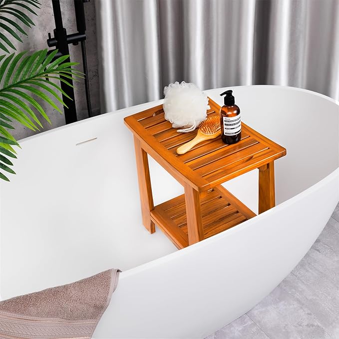 21" Standard Teak Shower Bench with Shelf & Handle - Waterproof, Non-Slip Bath Stool, 300 lbs Capacity - Fits Standard Tubs/Showers & Outdoor Use (Patented)