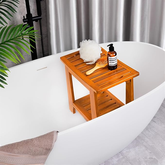 24" Large Teak Shower Bench with Shelf & Handle - Waterproof Spa Stool, Non-Slip Leveling Feet & 300 lbs Capacity - for Showers, Saunas/Steam Rooms & Outdoor Pools (Patented)