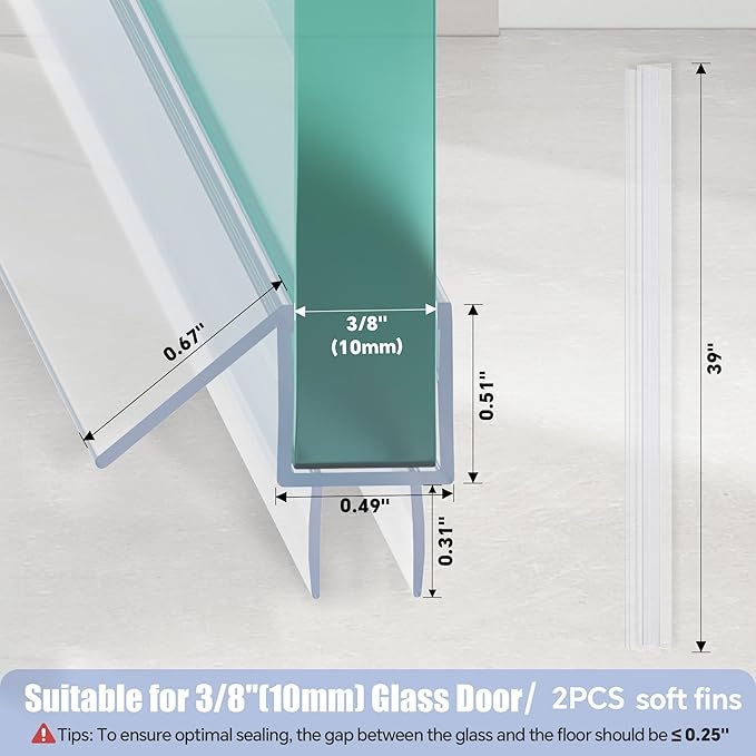 2-Pack Shower Door Bottom Seal, (3/8" x 39") Ultra Clear Glass Shower Door Seal Strip, Stop Leaks and Create a Water Barrier