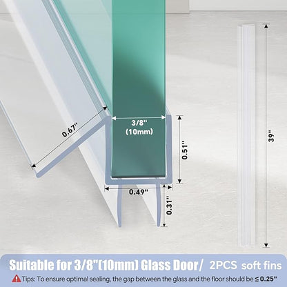 2-Pack Shower Door Bottom Seal, (3/8" x 39") Ultra Clear Glass Shower Door Seal Strip, Stop Leaks and Create a Water Barrier