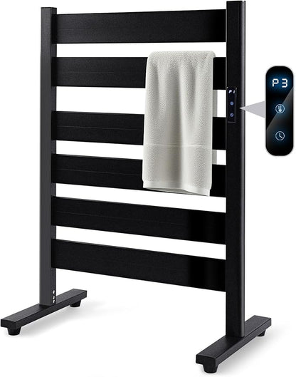 Towel Warmer Rack with 6 Widened Bars, Wall-Mounted Heated Towel Dryer with Timer, LED Display, 3 Temp Levels, Plug Overheat Protection, for Bathroom Spa Laundry (Matte Black)