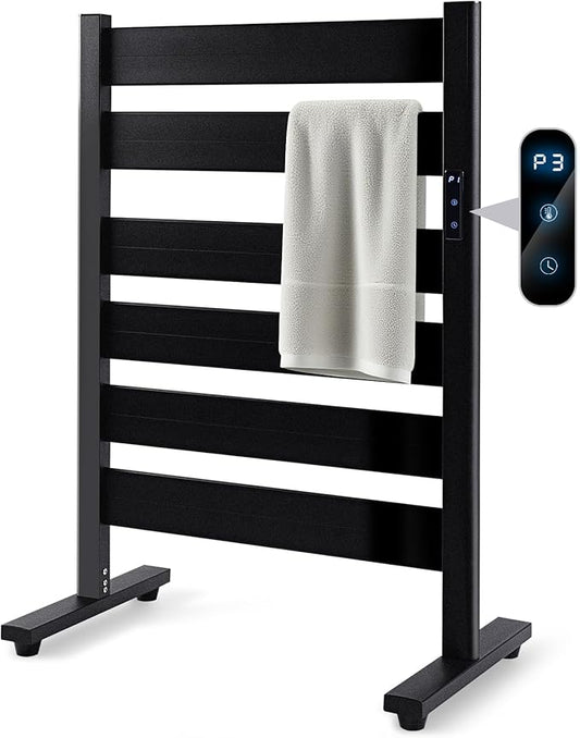 Towel Warmer Rack with 6 Widened Bars, Wall-Mounted Heated Towel Dryer with Timer, LED Display, 3 Temp Levels, Plug Overheat Protection, for Bathroom Spa Laundry (Matte Black)