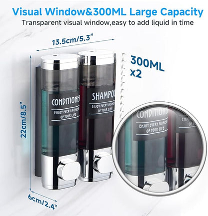 Shampoo and Conditioner Dispenser,GlintGath Shower Dispenser 2 Chamber No Drill Shampoo Dispenser for Shower Wall Mounted Shower Soap Dispenser for Bathroom Hotel,2 * 300ML,Chrome