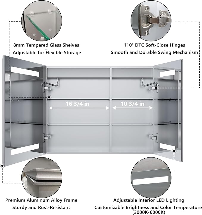 GroGro LED Lighted Bathroom Medicine Cabinet with Mirror, 30" W x 24" H Beveled Edge Medicine Cabinet with Lights,Surface or Recessed Mounting,Defog,Dimming,3-Color Temperature Adjustment