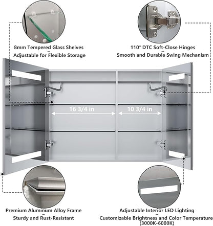 GroGro LED Lighted Bathroom Medicine Cabinet with Mirror, 30" W x 24" H Beveled Edge Medicine Cabinet with Lights,Surface or Recessed Mounting,Defog,Dimming,3-Color Temperature Adjustment