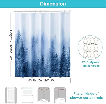 ORTIGIA 78 Inch Blue Misty Forest Shower Curtain for Bathroom, Nature Woodland Shower Curtain Set with Hooks, Decorative Pine Tree Fog Magic Bath Curtain, Waterproof Fabric, Weighted, 72x78