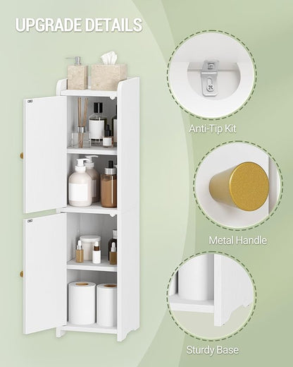 Bathroom Storage Cabinet, Corner Floor Cabinet with 2 Doors and Adjustable Shelf, Narrow Toilet Paper Cabinets, Bathroom Organizer for Small Spaces, 7.9" D x 7.9" W x 29.5" H White