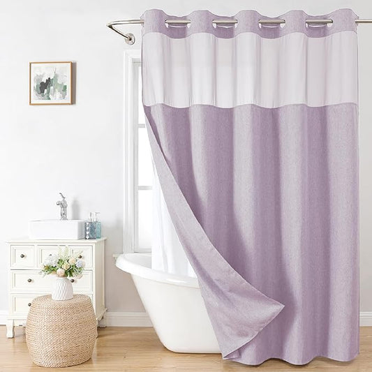 No Hooks Needed Linen Textured Shower Curtain with Snap-in Fabric Liner Set,Hotel Luxury Decor Shower Curtains for Bathroom with Mesh Top Window,Waterproof & Washable,71Wx74H,Lavender