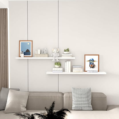 SAUMONIERES 48 Inch Floating Wall Shelves for Bedroom Bathroom Wall Mounted Solid Wood Shelf Storage Decor Set of 2, White Floating Shelves