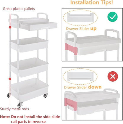 Calmootey 4-Tier Rolling Utility Cart with Drawer,Multifunctional Storage Organizer with Plastic Shelf & Metal Wheel,Storage Cart for Kitchen,Bathroom,Living Room,Office,White