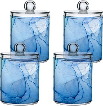 MNSRUU 2 Pack Qtip Holder Organizer Dispenser Blue Marble Fluid Art Bathroom Storage Canister Cotton Ball Holder Bathroom Containers for Cotton Swabs/Pads/Floss