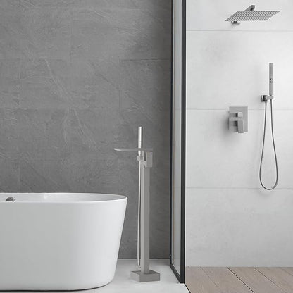 RUMOSE Brushed Nickel Bathtub Filler Freestanding Tub Filler Floor Mount Tub Faucet Waterfall Bathtub Faucet with CUPC Certified High Flow Brass Bath Shower Faucets with Handheld Sprayer