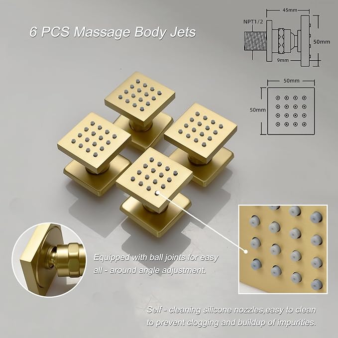 Shower Faucet Set Brushed Gold Luxury Shower System with 16X24 Inch Ceiling Mount Rainfall&Waterfall Shower Head, 6 PCS Body Jet, Handheld Spray, Digital Temperature Display 4 Way Shower