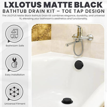 LXLTOUS Matte Black Toe Tap Bathtub Trim Set with Two-Hole Overflow Faceplate, Replacement Tub Drain Kit with 2-Hole Overflow Cover and Universal Fine/Coarse Thread, Fits 1-3/8" and 1-1/2"