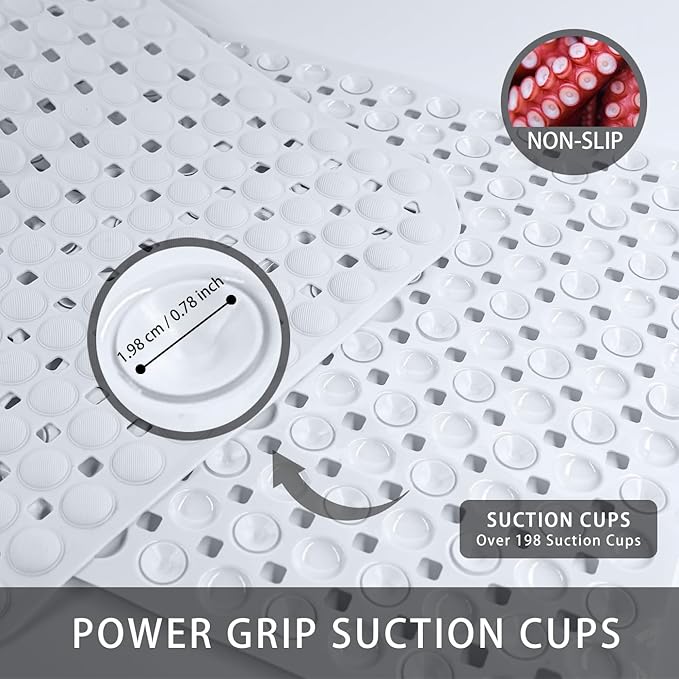 Extra Large Non-Slip Bathtub Mat, 36x17” TPR Shower Mat with 198+ Suction Cups, Bath Mat for Elderly/Kids, Machine Washable & Fast Drainage, Foot Massage Design (White, Extra Large)