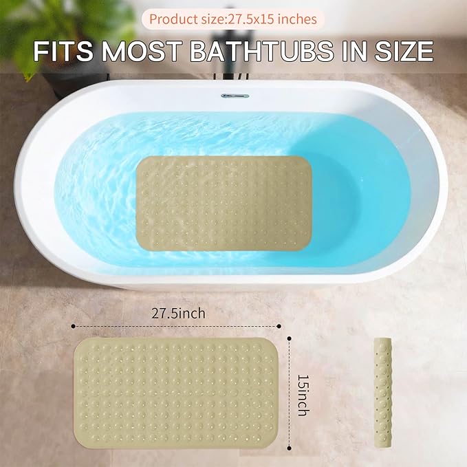 Anti-Slip Bathtub Shower mat, 27.5×14.5（Approximately 70×37cm） inch Soft Oversized Machine Washable Non-Slip Bathtub mat with Drainage Holes, Bathroom Floor Suction Cup.（1-Opaque Khaki）
