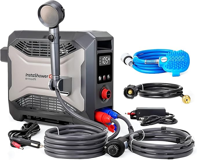 FOGATTI InstaShower GO Pro, Portable Propane Tankless Water Heater 22,000 BTU, with 5000mAh Rechargeable Built-in Battery, DC 12V, Outdoor Camping Shower