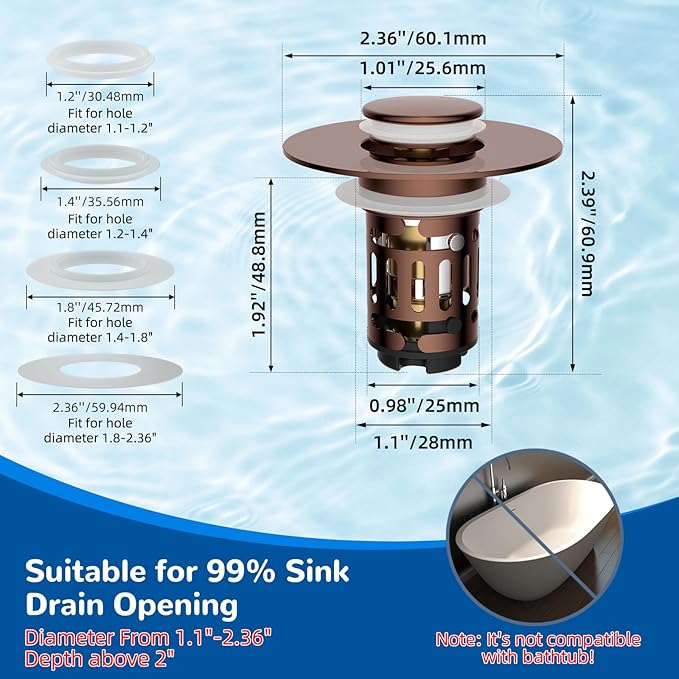 Hibbent Upgraded 3 in 1 Bathroom Sink Drain Strainer, Universal Pop Up Stopper with Removable Stainless Steel Filter Basket Hair Catcher, Sink Plug for 1.1''~2.36'' Basin, Brass Bullet Core, Rose Gold