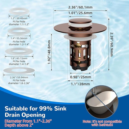 Hibbent Upgraded 3 in 1 Bathroom Sink Drain Strainer, Universal Pop Up Stopper with Removable Stainless Steel Filter Basket Hair Catcher, Sink Plug for 1.1''~2.36'' Basin, Brass Bullet Core, Rose Gold