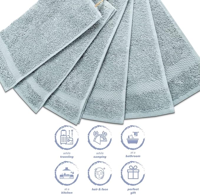 Hencely Premium 6-Pack Washcloths 12x12 Inches Soft Turkish Cotton High Absorbent and Quick Dry Dishtowel for Kitchen and Bath (Wash Cloth 6 Pack, Water Green)