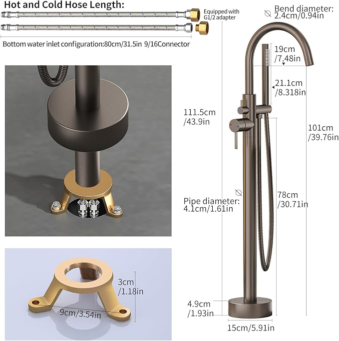 Freestanding Bathtub FaucetFloor Mount Bathtub Filler Shower Mixer Faucet with Handheld Shower Sprayer Swivel, Bottom Inlet，Grey