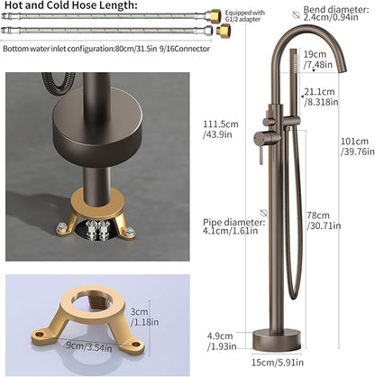 Freestanding Bathtub FaucetFloor Mount Bathtub Filler Shower Mixer Faucet with Handheld Shower Sprayer Swivel, Bottom Inlet，Grey