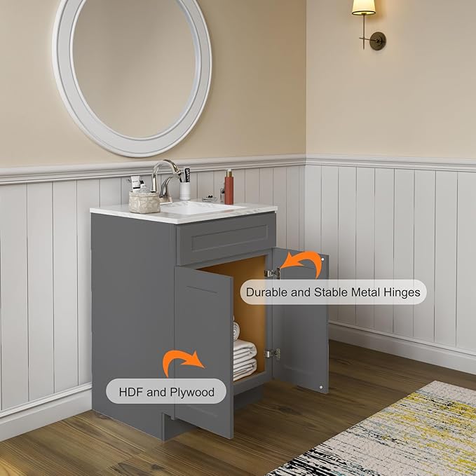 ROOMTEC Bathroom Cabinet, 24'' Free Standing Single Bathroom Vanity with 1 False Drawer and 2 Doors,Morden Bathroom Sink Vanity Storage Cabinet, Shaker Gray