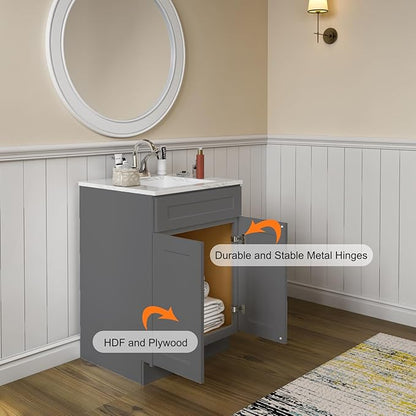 ROOMTEC Bathroom Cabinet, 24'' Free Standing Single Bathroom Vanity with 1 False Drawer and 2 Doors,Morden Bathroom Sink Vanity Storage Cabinet, Shaker Gray