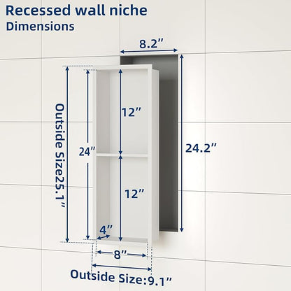 Neodrain Shower Niche Double Shelf Stainless Steel No Tile Needed Bathroom Niches Recessed in Wall, 2-Tier Recessed Wall Niche Waterproof Cubby (8X24 Inch,White)