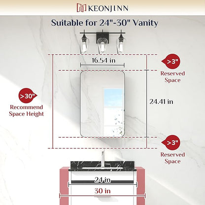 Keonjinn Brushed Nickel Medicine Cabinet for Bathroom, 16 x 24 Inch Medicine Cabinet with Mirror, Silver Stainless Steel Framed, Adjustable Shelves, Recessed or Wall Mount, Sturdy, Rounded Rectangle