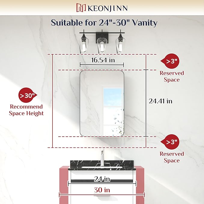 Keonjinn Black Medicine Cabinet 17 x 25 Inch, Heavy & Solid Bathroom Medicine Cabinet with Mirror, Stainless Steel Framed, Adjustable Shelves, Recessed or Wall Mount, Bathroom Mirror with Storage