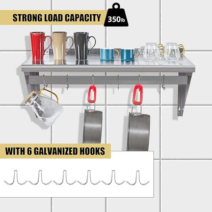 Hally Stainless Steel Shelf with 6 Hooks 18" x 36" Wall Mounted Pot Rack 350lb, NSF Commercial Floating Shelving for Storage Hanging Pots, Pans, cookware in Restaurant, Kitchen, Home and Hotel