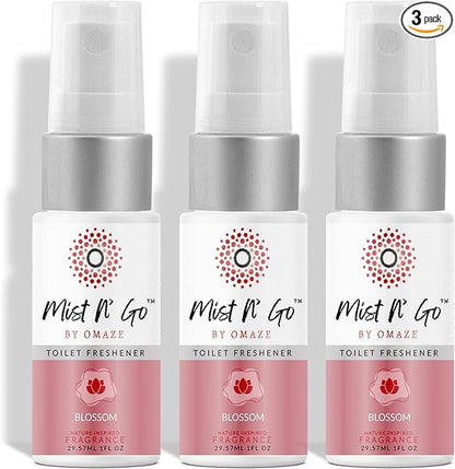 Mist N’ Go by Omaze Travel Bathroom Spray for Toilet Spray Odor Eliminator - Travel Toilet Spray for Bathroom Air Freshener Spray for Bathroom Deodorizer - Blossom Travel Size (1oz x3)