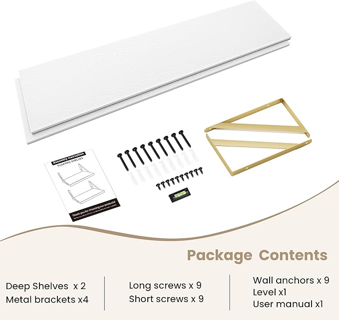 Floating Shelves for Wall, 12 Inch Deep Floating Shelves Set of 2, 55W x 12D Large Wall Shelf with Sturdy Metal Brackets for Living Room, Bathroom, Bedroom and Kitchen, White with Gold Bracket
