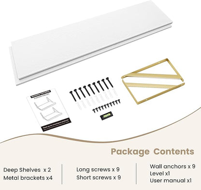 Floating Shelves for Wall, 12 Inch Deep Floating Shelves Set of 2, 55W x 12D Large Wall Shelf with Sturdy Metal Brackets for Living Room, Bathroom, Bedroom and Kitchen, White with Gold Bracket