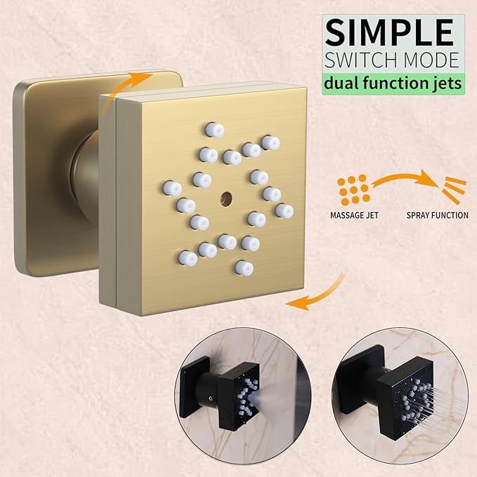 Brushed Gold Digital Display Shower System with 16X24 inch Ceiling Mounted Shower Head(Rain&Waterfall Modes), with Handheld Spray and 6 PCS Dual Modes Body Jet