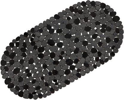 WELTRXE Pebbles Bath Mat for Tub Black Non-Slip Bathtub Mat with Suction Cups, Drain Holes for Bathroom Showers, Tub, Machine Washable, BPA, Latex Free Oval Shower Mats Bath Tub mat, 27 x 14 Inch
