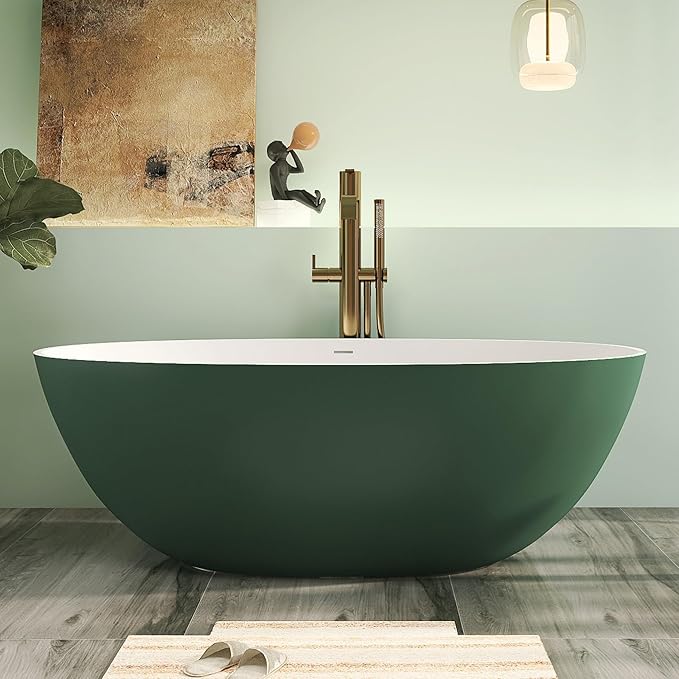 65" Premium Solid Surface Freestanding Bathtub, Upgraded Inside White and Outside Green Stone Resin Tub with Overflow and Pop-up Drain, Matte