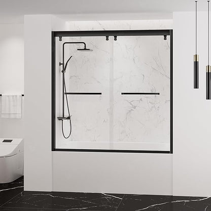 55"-59" Bathtub Double Sliding Doors,Semi-Frameless Water Repellent Tub Door, Bypass Bathtub Shower Door with 5/16"(8mm) SGCC Clear Tempered Glass, Explosion-Proof Film, Stainless Steel Hardware
