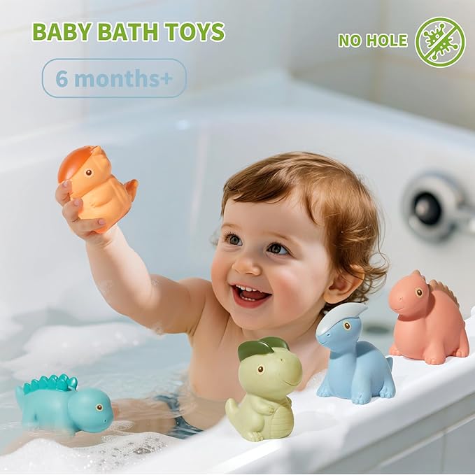 Bath Toys, Dinosaur 9 Pack | Sealed, No Hole & Mold Free Bath Toys Design | Soft, Squeezable & Float on Water | Safe & Non-Toxic Easy-Grip Baby & Toddler Bath Toy Set | Baby Pool Toys