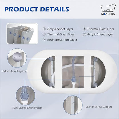 70" Acrylic Freestanding Bathtub, Double Ended Free Standing Tub, Soaking Tub with Integrated Slotted Overflow, Toe-Tap Chrome Drain, cUPC Certified, Glossy White