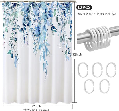 Colorful Star Blue Eucalyptus Waterproof Shower Curtain Set with Hooks, Minimalist Watercolor Floral Print Bathroom Décor, Plant Leaves Washable Fabric Shower Curtain, 72 x 72 Inch