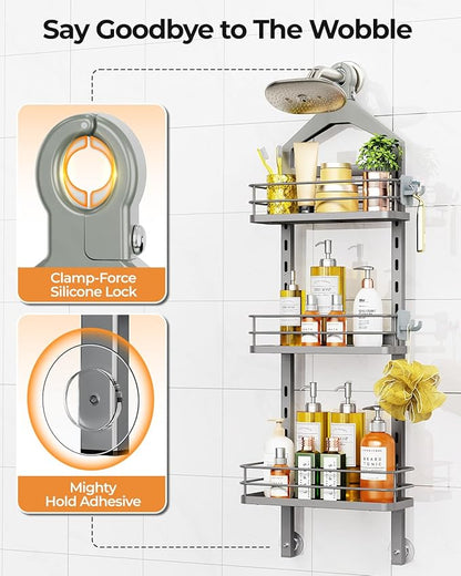 ODesign 3 Tier Height-Adjustable Shower Caddy Hanging Anti-Swing-Over The Shower Head Caddy-Showe r Storage Organizer Bathroom Shelves Basket Caddies-Grey