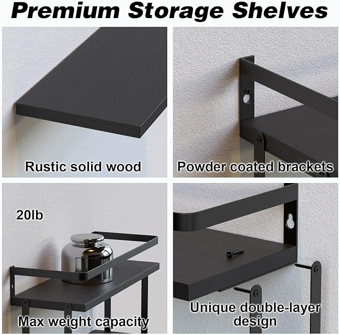 RICHER HOUSE 2+1 Tier Wall Mounted Floating Shelves Set of 2, Rustic Wood Wall Shelf with Metal Frame, Extra Storage Rack for Bathroom, Kitchen, Bedroom with Tissue Rack & Towel Bar - Black